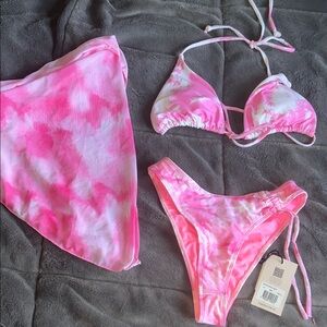Tiger Mist Pink Tie-Dye Triangle Bikini Set with Sarong
